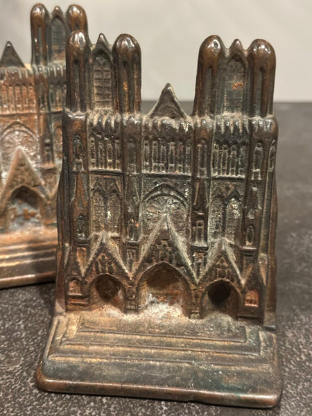 PAIR CAST IRON NOTRE DAME CATHEDRAL BOOKENDS, FABULOUS PATINA