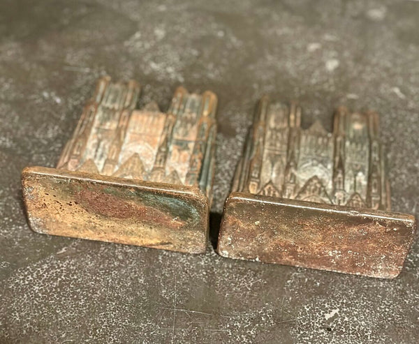 PAIR CAST IRON NOTRE DAME CATHEDRAL BOOKENDS, FABULOUS PATINA