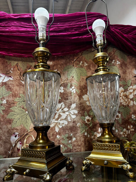 Vintage Pair of Upscale Berman Cut Crystal And Brass Footed Table Lamps