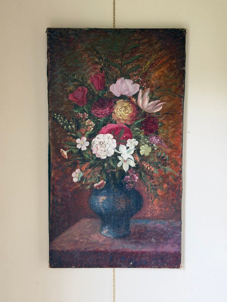 1583 19th C. Vertical Floral Still Life Painting on Canvas