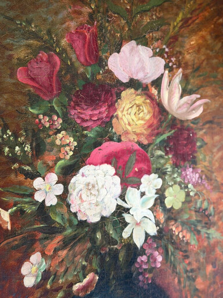 1583 19th C. Vertical Floral Still Life Painting on Canvas