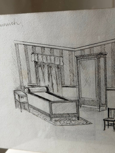 1584 French Double Sided Pen Sketch of Bedroom Interior Scenes C. 1909
