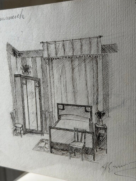 1584 French Double Sided Pen Sketch of Bedroom Interior Scenes C. 1909