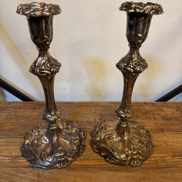 PAIR SILVER CAN STICKS 11.5 TALL
