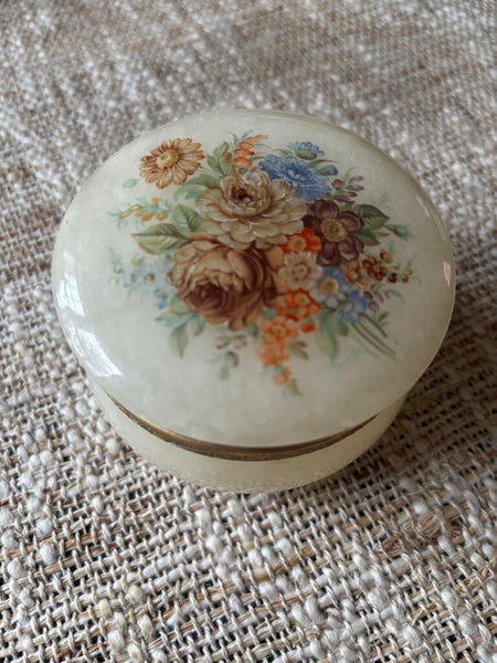 Vintage Italian Alabaster Trinket Box w/Flowers