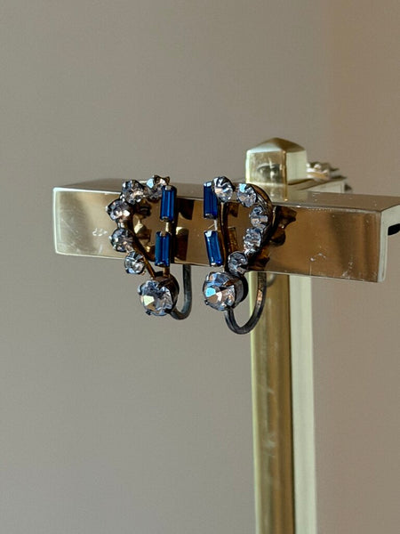 Vintage Blue/white rhinestone screwback clip on earrings