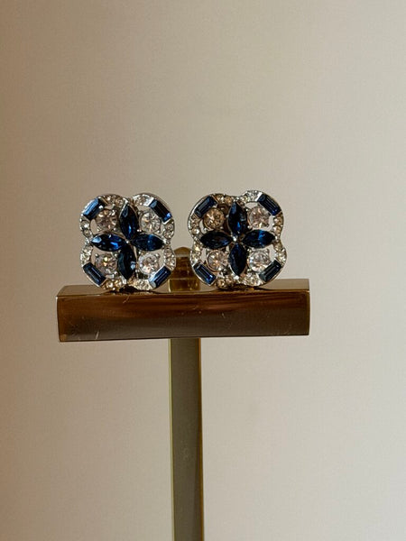 Vintage Navy & White Rhinestone Clip On Studs