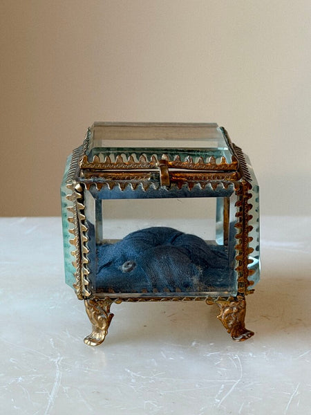 2391 Antique French Square Glass Casket w/ Blue Lining