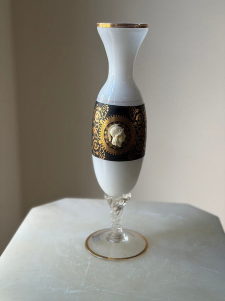 2593 Black/White/Gold Italian Opaline Vase with Cameo and Empoli Base