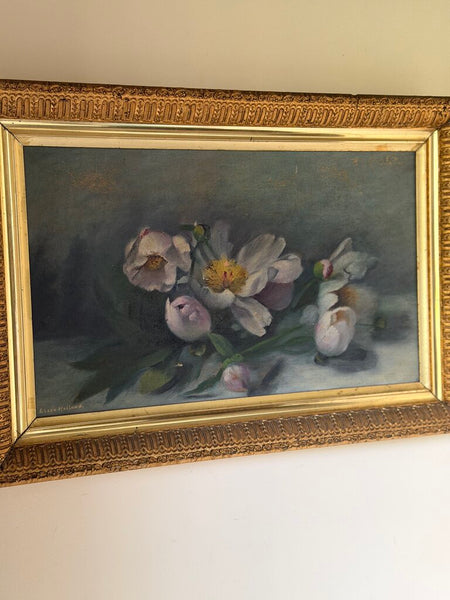 1594 Antique Peony Painting On Canvas (double sided veggies on back)