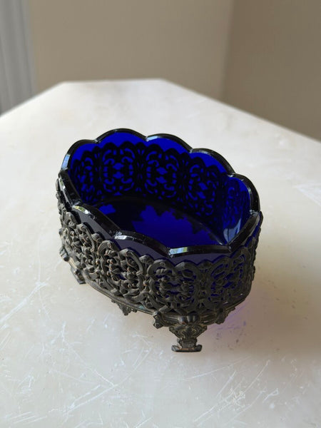 1600 Silver Plated Cobalt Glass Salt Cellar