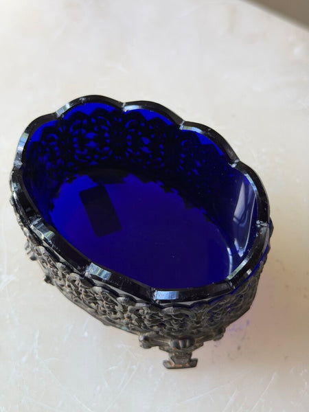 1600 Silver Plated Cobalt Glass Salt Cellar