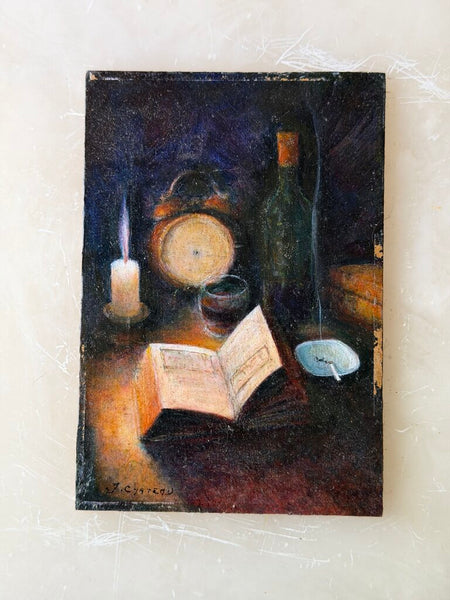 1602 Vintage Book/desktop still life painting on wood