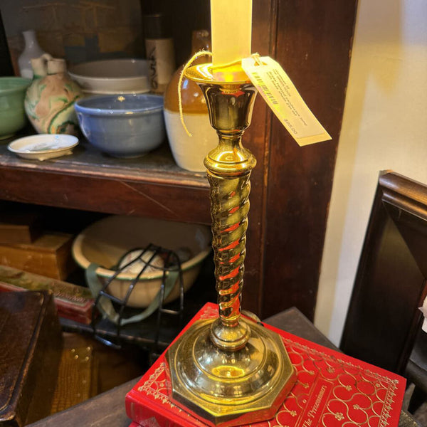 Brass twisted candlestick lamp with black shade 21in tall