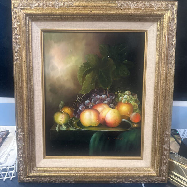 STILL LIFE, FRUIT #1. ORIGINAL OIL ON BOARD, SIGNED AND FRAMED 14 1/2" x 12 1/2"