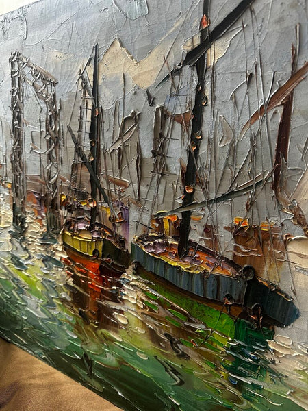 COLORFUL HARBORSCAPE ON CANVAS, UNSIGNED, AS FOUND 24" x 20" IN STORE PICK UP
