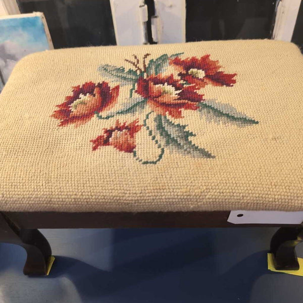Pretty Vintage Wooden Stool with Floral Embroidered Top 10x15x8