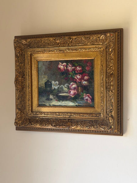 1662 Pink floral still life oil on canvas painting