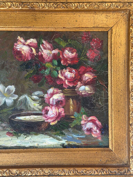1662 Pink floral still life oil on canvas painting