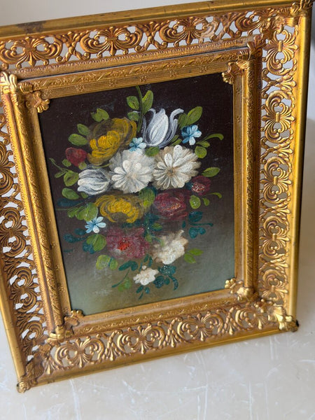 1687 Mini floral on tin in ornate gold frame