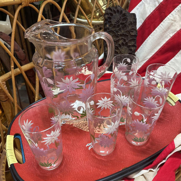 Lavender and Green Floral Drink Pitcher with 6 Glasses W2298