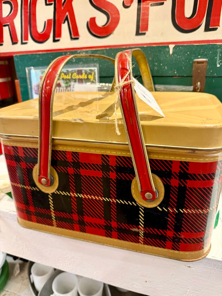 JFV ~ Vintage plaid black and red metal picnic tin .
