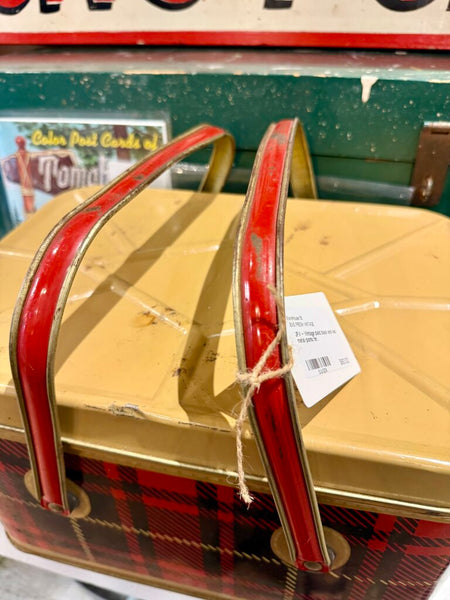 JFV ~ Vintage plaid black and red metal picnic tin .