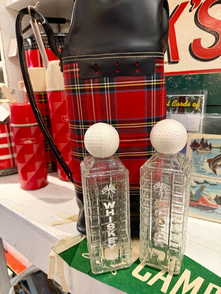 JFV ~ Vintage scotch, Plaid, golf bag, liquor bottles