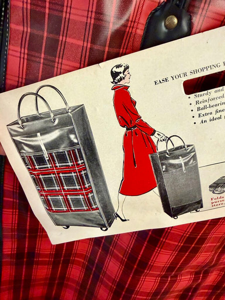 JFV ~ Vintage large plaid vinyl shopping cart on wheels