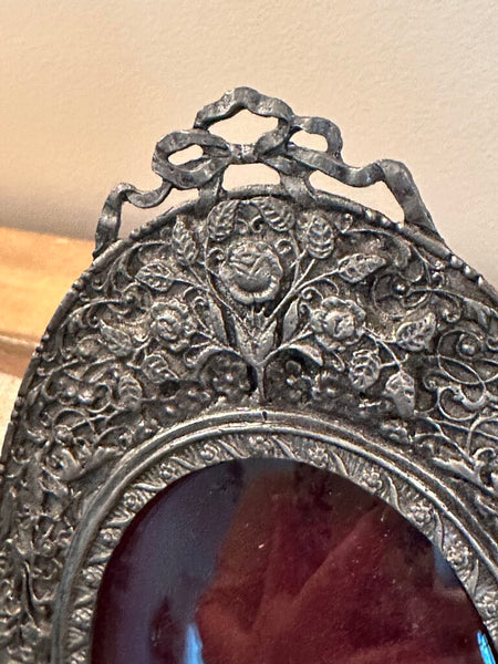 VINTAGE PEWTER FRAME WITH CONVEX GLASS