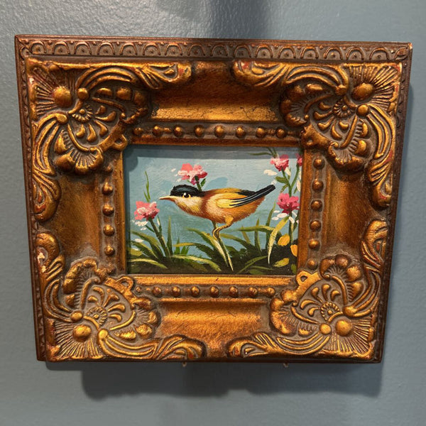MINIATURE OIL PAINTING OF BIRD WITH ORNATE FRAME