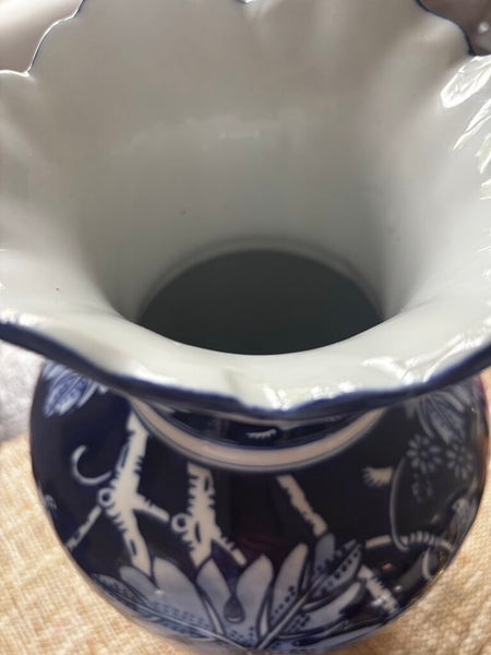 Vintage Cobalt Blue and White Floral Vase 14H