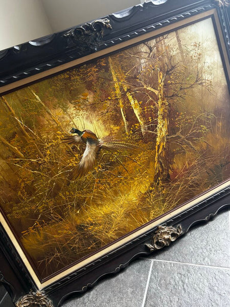 Vintage Framed Painting of 'Pheasant in Flight" by Ferdinand 45x32 (in store PU)