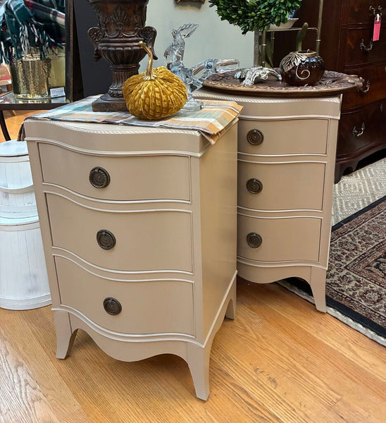 Vintage Serpentine Taupe Nightstands 17"w x 28"h x 14"d IN STORE PICKUP ONLY