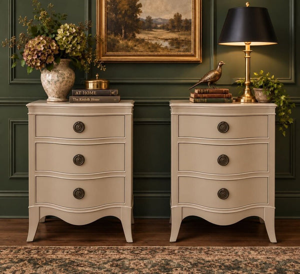 Vintage Serpentine Taupe Nightstands 17"w x 28"h x 14"d IN STORE PICKUP ONLY