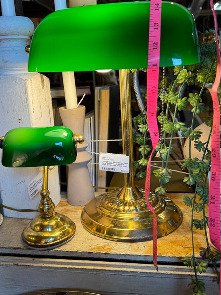 Vintage Brass Bankers Piano Desk Lamp Green (base as found patina) Glass Shade Pull Chain 13.5" (in shop pick up only)