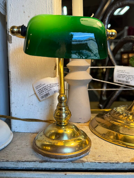 Vintage small/mini 8" tall bankers lamp green glass shade perfect countertop / under cupboard size (base as found)
