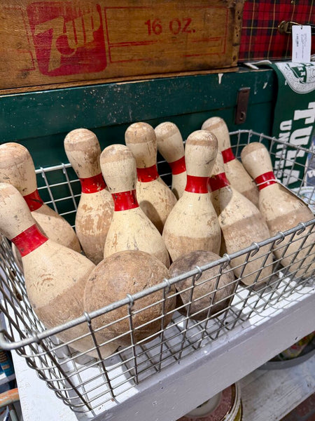JFV ~ Vintage 10 bowling pins ~ Duck Pin - 10" tall and 2 wood balls