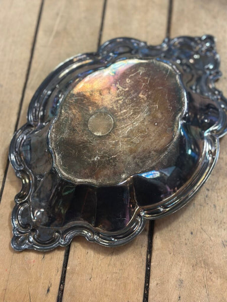 SILVER PLATED TRINKET DISH, ORNATE SCALLOPED EDGE 9 1/2" X 6" X 1"