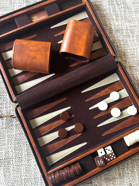 Vintage Traveling Magnetic Backgammon Game Brown Faux Leather Case Complete