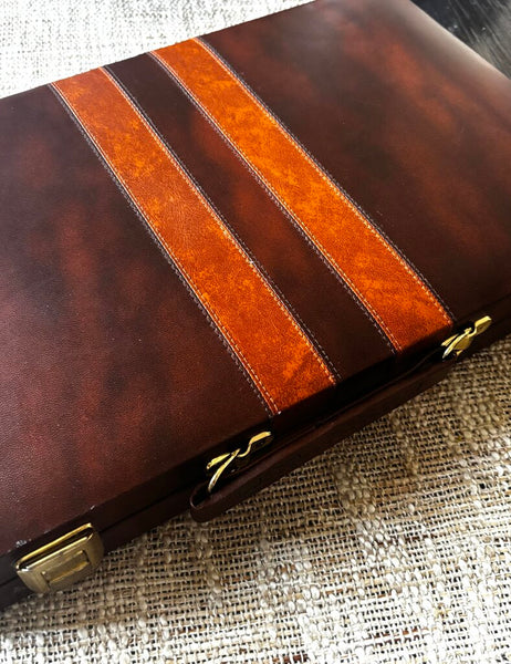 Vintage Backgammon Set Brown Faux Leather Travel Case