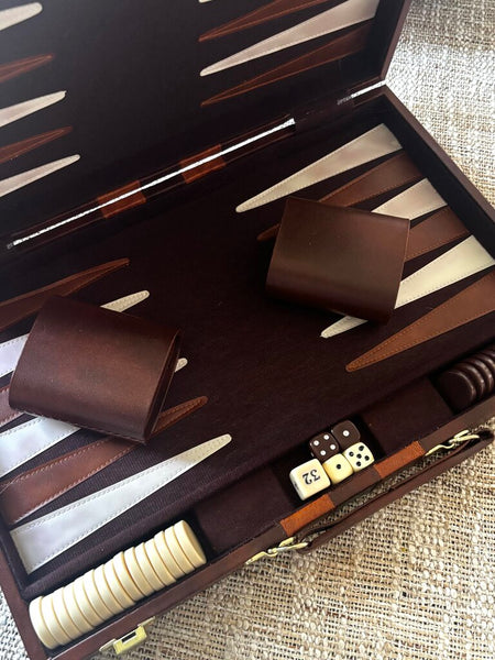Vintage Backgammon Set Brown Faux Leather Travel Case