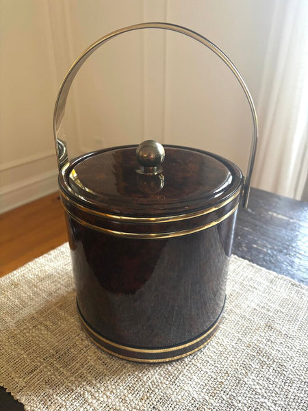 Vintage Brown Faux Tortoise Shell Vinyl Ice Bucket W/Gold Trim