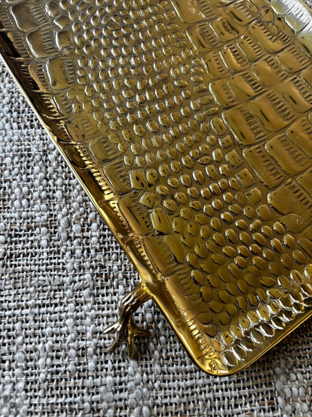 Vintage Gold Metal Faux Alligator Tray with Feet