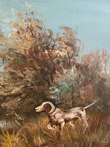 Vintage Hunting Pointer Dog Oil on Canvas Artwork (Signed) 37"w x 25"h