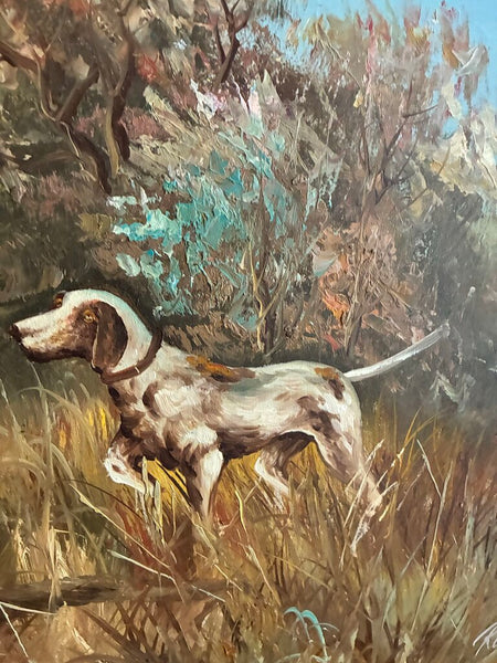Vintage Hunting Pointer Dog Oil on Canvas Artwork (Signed) 37"w x 25"h